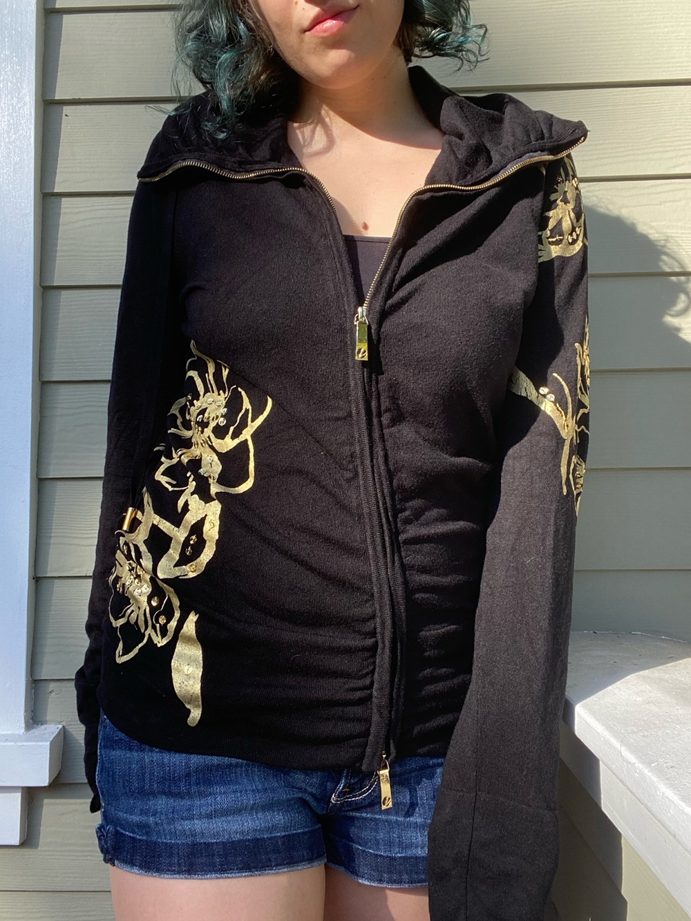 Cache Black Zip Jacket with Gold Floral Print